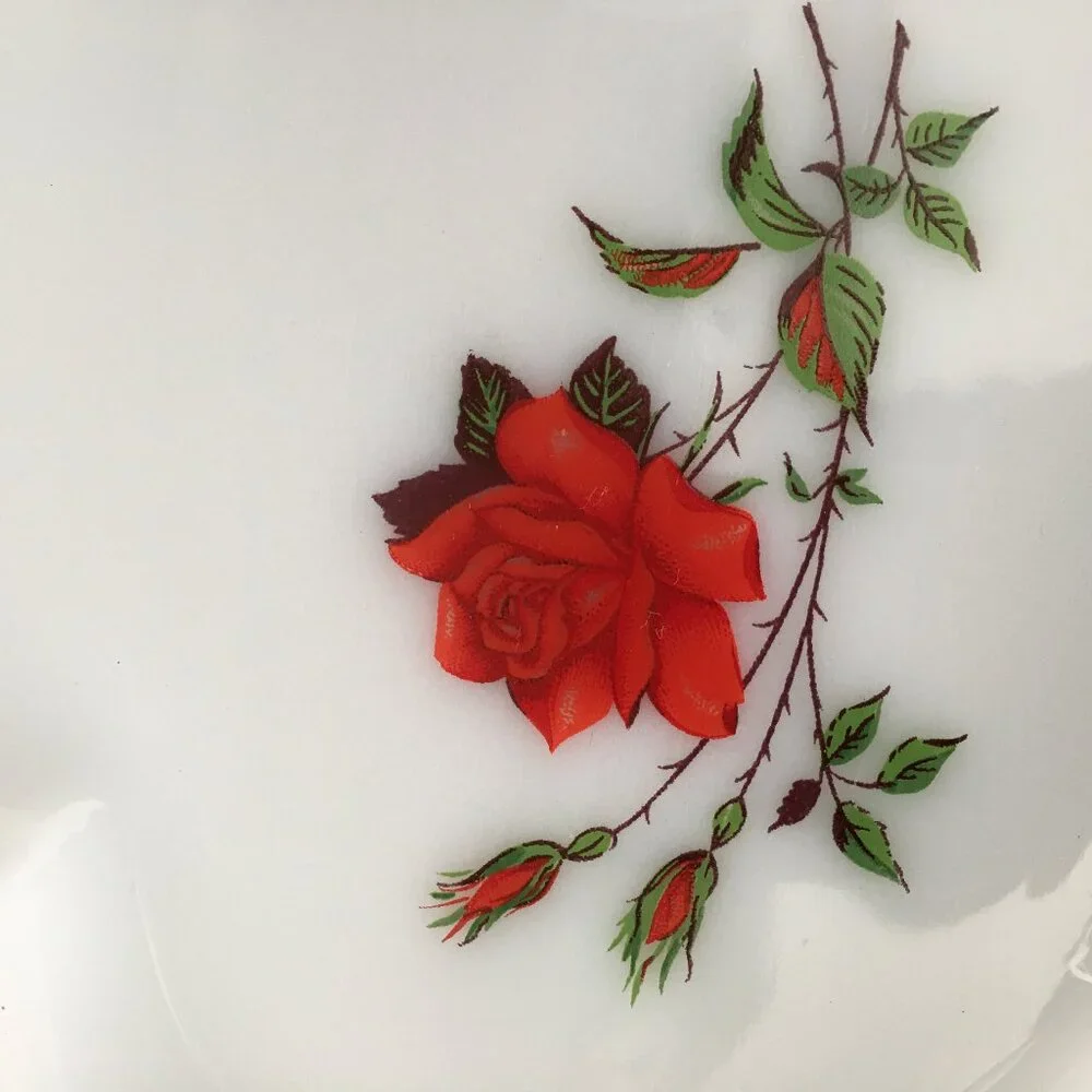 2 Vintage White Milk Glass Scalloped Plates & Tea Cup Snack Set Floral Red Roses